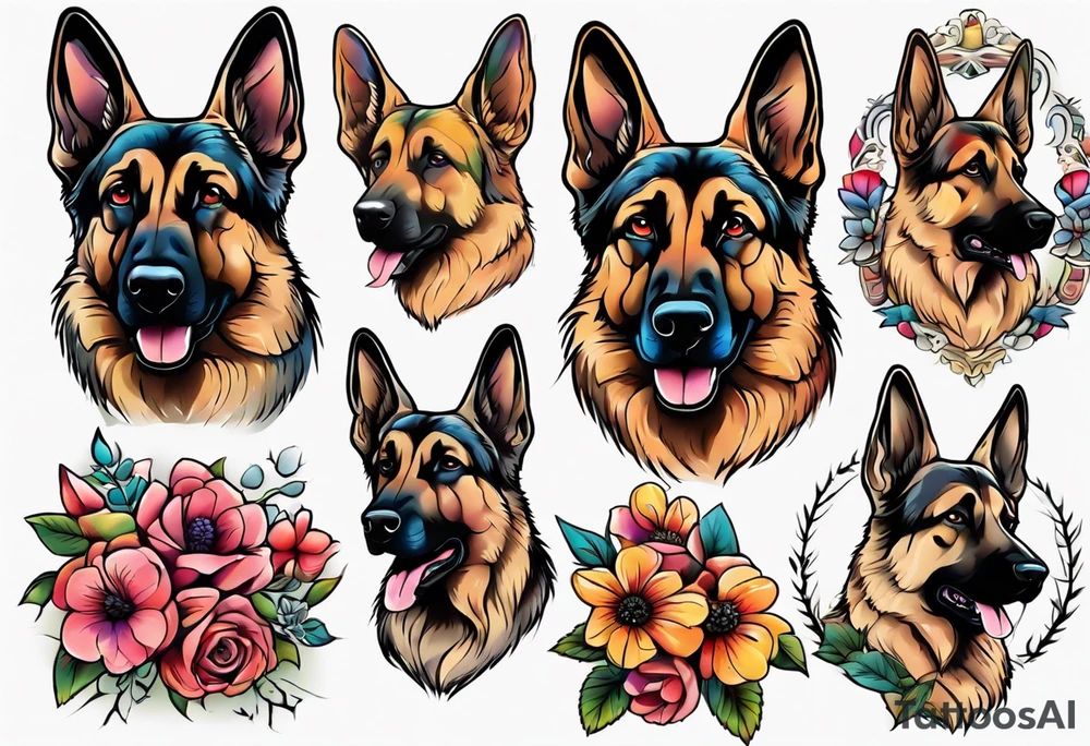 German shepherd portrait brightly colored with flowers tattoo idea