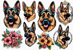 German shepherd portrait brightly colored with flowers tattoo idea