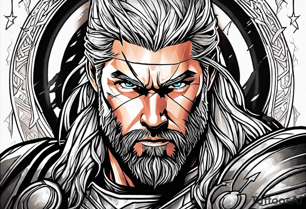 The Mighty Thor that looks like the Chris Hemsworth version with lightning in the background tattoo idea