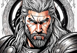 The Mighty Thor that looks like the Chris Hemsworth version with lightning in the background tattoo idea