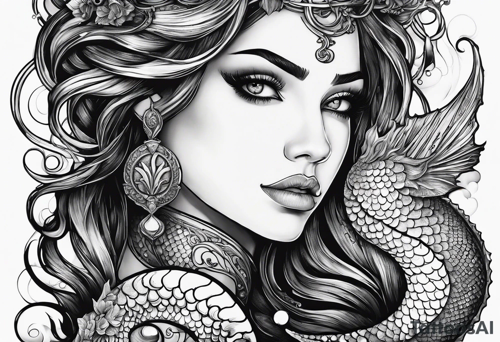 Mermaid looking into eyes of seahorse, side profile. Trident, horns, scales and tattoos on skin. tattoo idea