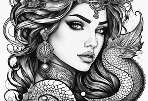 Mermaid looking into eyes of seahorse, side profile. Trident, horns, scales and tattoos on skin. tattoo idea