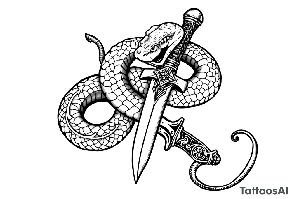 mystical snake coiled around an ancient dagger with jeweled hilt tattoo idea