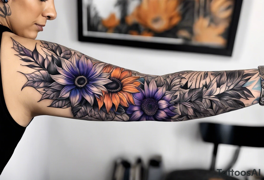 Full arm sleeve with purple, orange and blue sunflowers tattoo idea