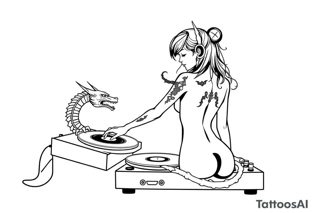 disk jockeying, naked girl, dragon tattoo idea