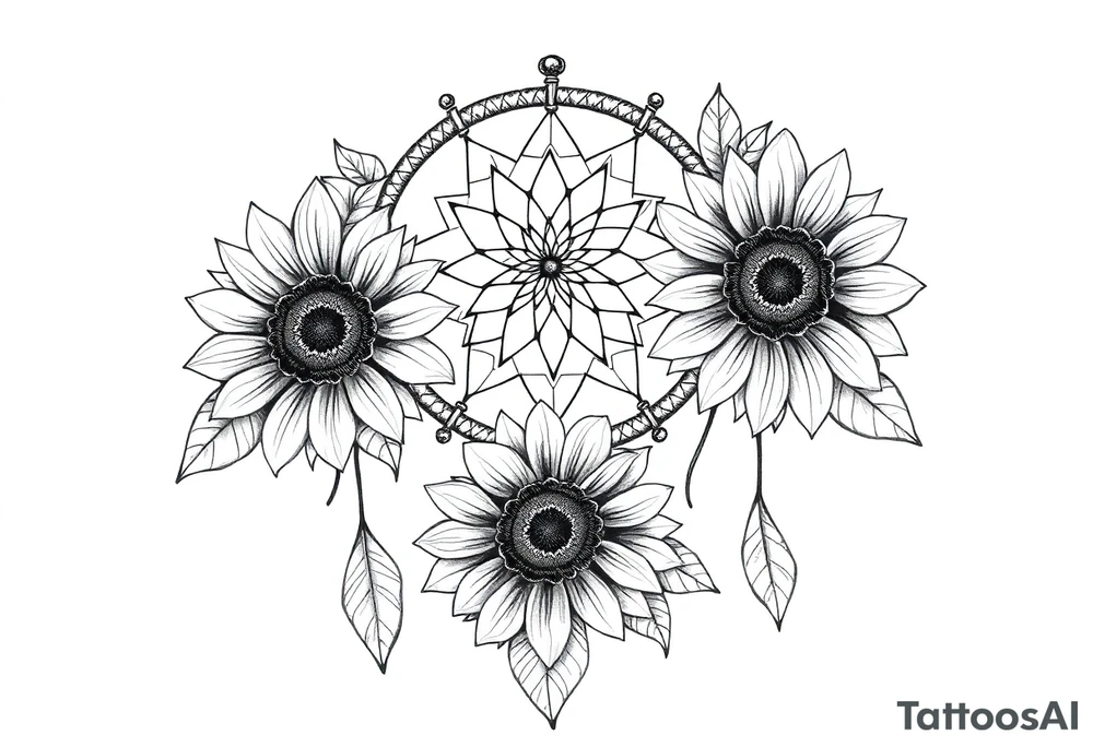 Sunflowers and roses dreamcatcher tattoo idea