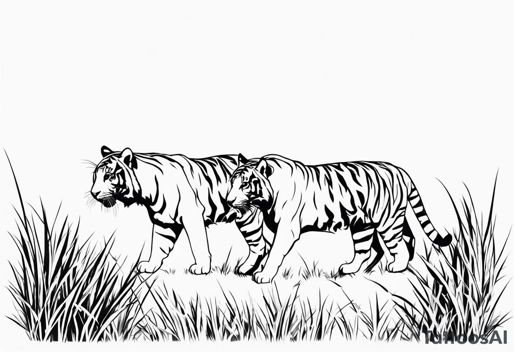 tigers stalking from behind grass tattoo idea