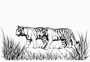 tigers stalking from behind grass tattoo idea