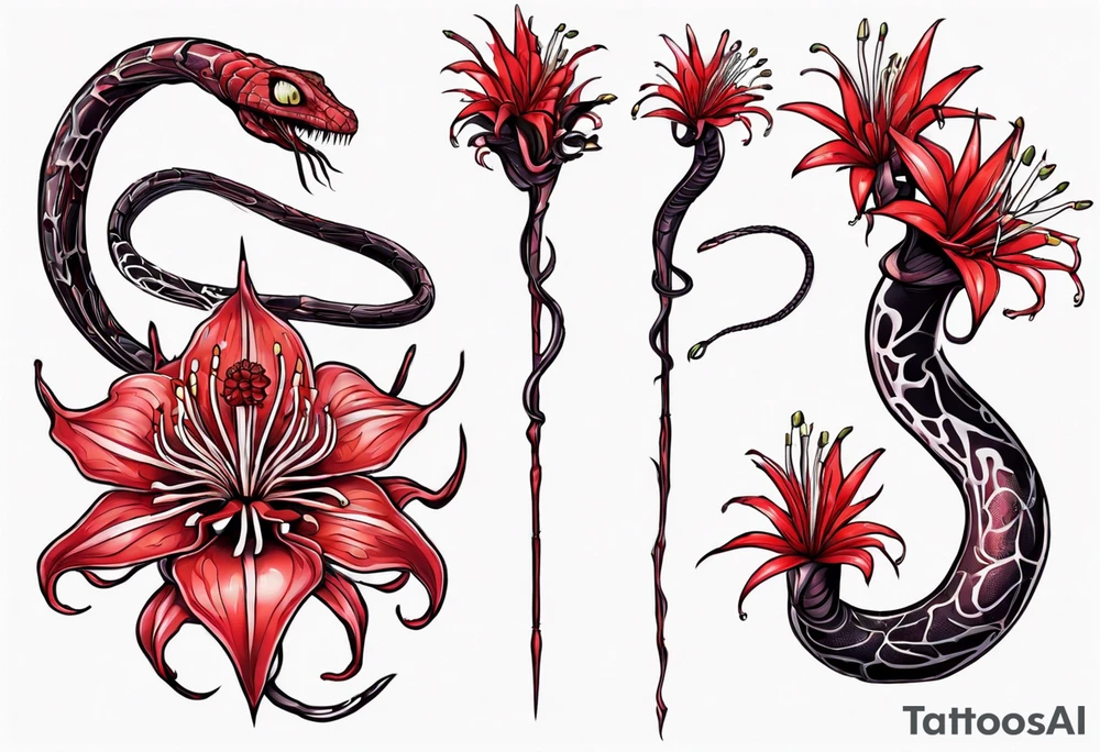 Red spiked spider lily a snake wrappes around the stem of the flower. tattoo idea