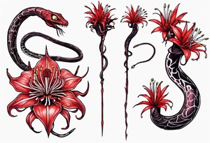 Red spiked spider lily a snake wrappes around the stem of the flower. tattoo idea
