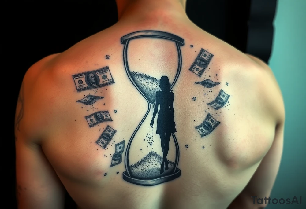 futuristic full back tattoo, broken hourglass with sand turning into digital particles, silhouette of a woman walking away in the distance, falling money dissolving into light, cyberpunk atmosphere, symbolizing lost time, lost love and lost fortune, black and grey tattoo with subtle neon accents, ultra detailed tattoo idea
