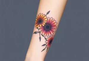 Gerber daisys wrap around wrist to cross on forearm with rich color tattoo idea