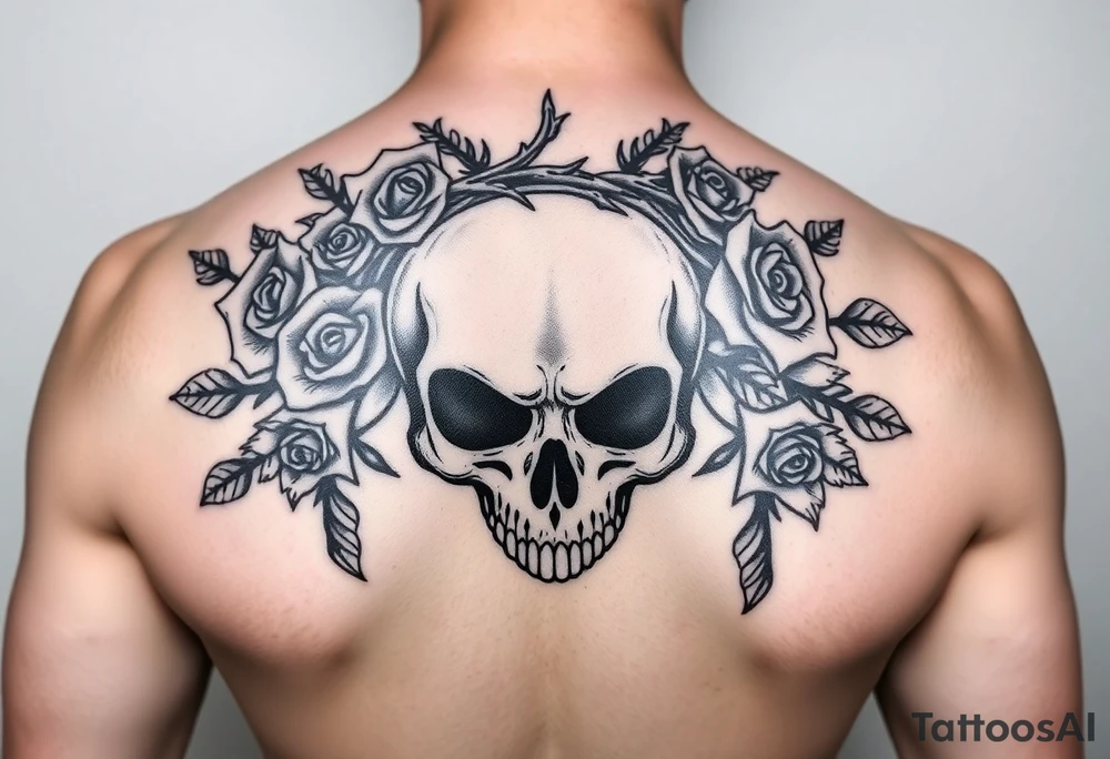 ornate skull adorned with crown of wild roses and thorns tattoo idea