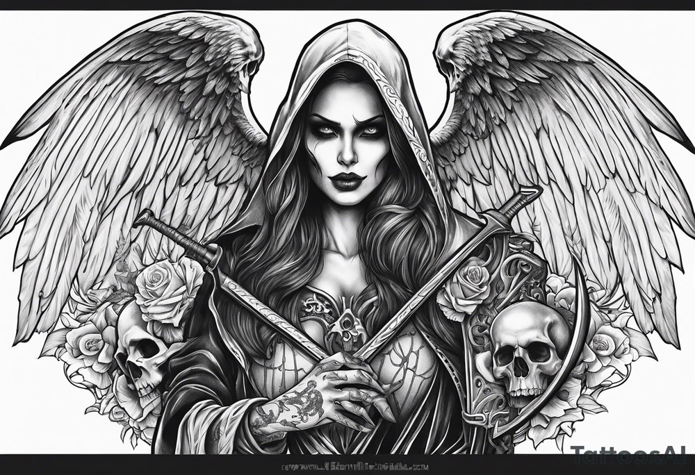 Lady death grim reaper with angel wings, scythe and skulls and tattoo idea