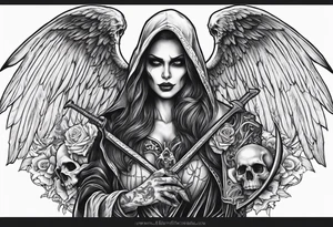 Lady death grim reaper with angel wings, scythe and skulls and tattoo idea