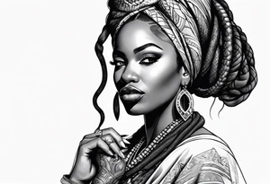 muslim African woman  with snake dreads biting money tattoo idea