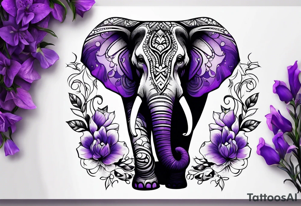 Tribal elephant surrounded by violet flowers tattoo idea