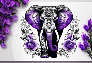 Tribal elephant surrounded by violet flowers tattoo idea