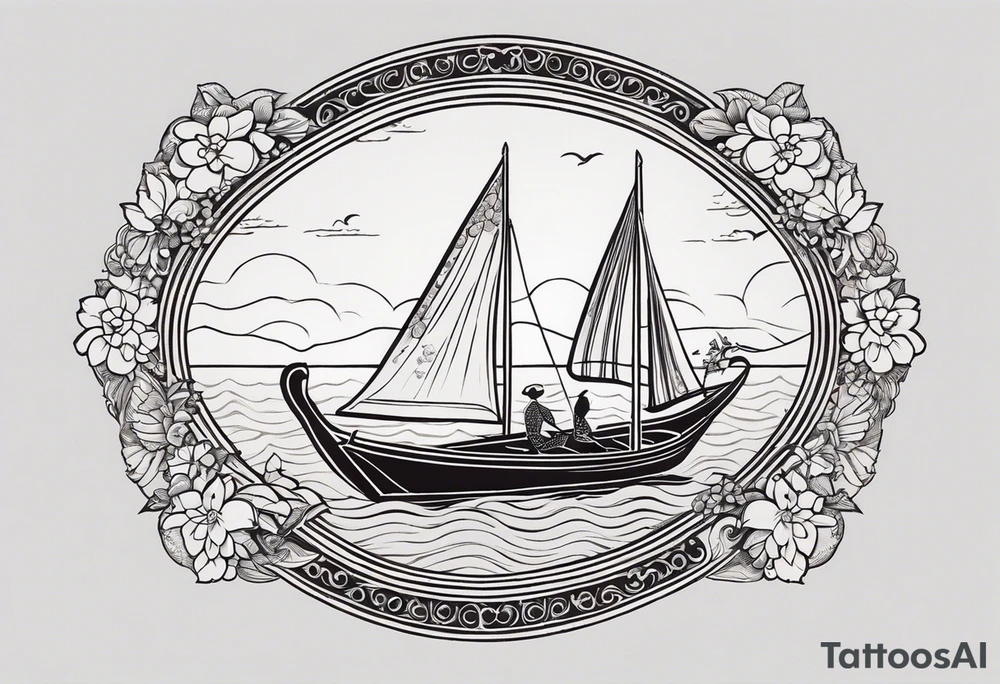 Create an oval-shaped frame with the text “Honeymoon” written in Thai inside the oval. At the center of the oval, place a traditional Thai long-tail boat decorated with flowers at its bow, as is customary. The boat should be floating on open water with gentle waves, and beneath the boat, include a swimming turtle. tattoo idea