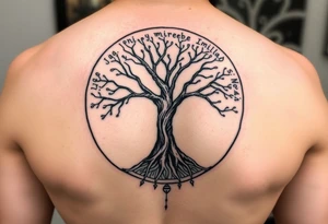 tree of life with circle. names Jai , Phoebe, Imogen, Matilda in the circle tattoo idea