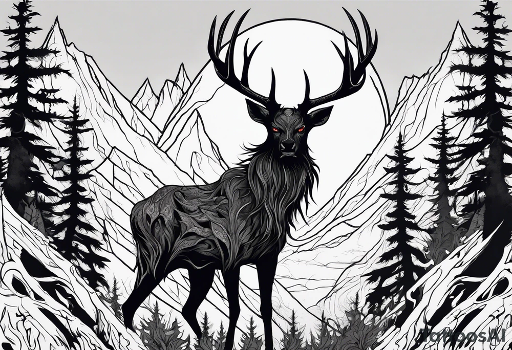A spooky decaying lore accurate wendigo surrounded by a forest fire in background tattoo idea