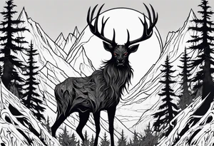 A spooky decaying lore accurate wendigo surrounded by a forest fire in background tattoo idea