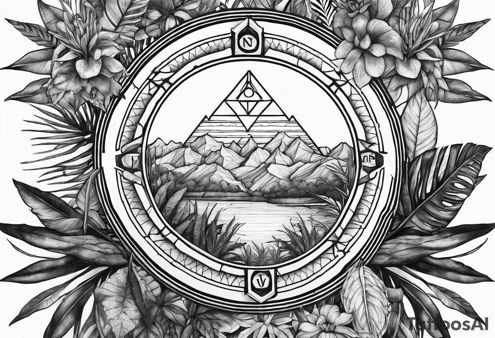jungle plants, compass, all-seeing eye tattoo idea