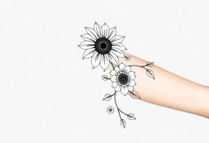 Stylized sunflower on a wild flowy morning glory vine with Bohemian mandalas incorporated to the background tattoo idea