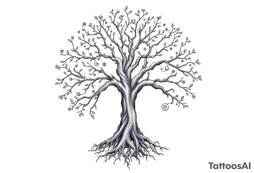 mystical tree of life with cosmic roots and celestial branches tattoo idea