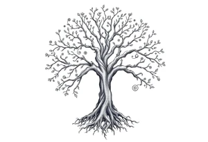 mystical tree of life with cosmic roots and celestial branches tattoo idea