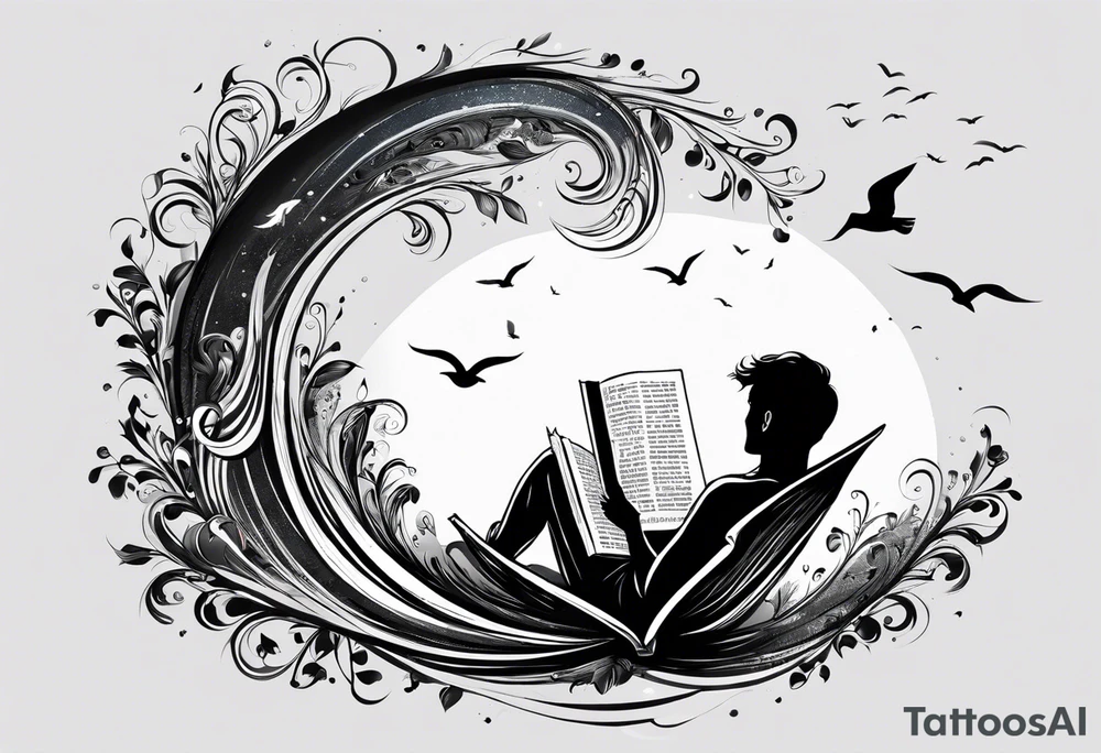 Someone is sitting on the beach reading a book and the pages are flying in the wind, the purpose of the tattoo is to emphasize that just as the pages are flying in the wind, you also have to flip through situations in life tattoo idea
