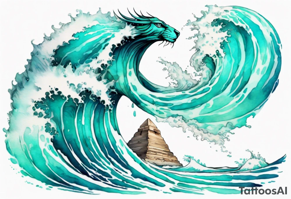 a beautiful turquoise sphinx emerging from an ocean wave, crashing onto the shore tattoo idea