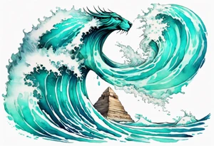 a beautiful turquoise sphinx emerging from an ocean wave, crashing onto the shore tattoo idea