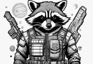 Rocket Raccoon with arms folded. Background with computer screens displaying text in binary font "I have a plan". tattoo idea