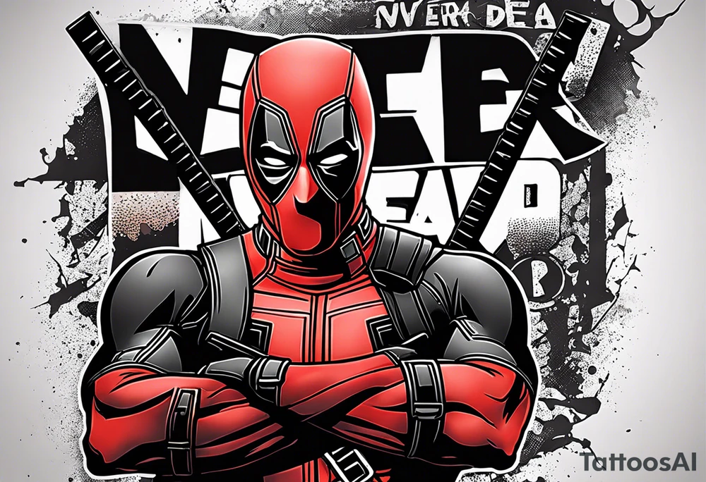 Banner with Text: A worn, dark banner wraps around Deadpool with the phrase "NEVER DEAD" in bold, cracked letters that give a strong and aggressive impression. The banner has small torn details, as if it’s been through rough conditions, with shading that adds depths. tattoo idea