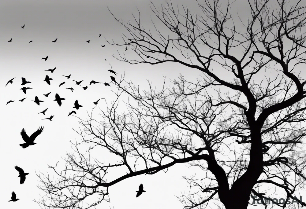 Leafless tree with a mix of birds and black birds flying by it. Make it skinnier tattoo idea