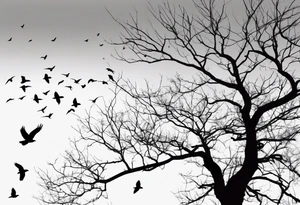 Leafless tree with a mix of birds and black birds flying by it. Make it skinnier tattoo idea