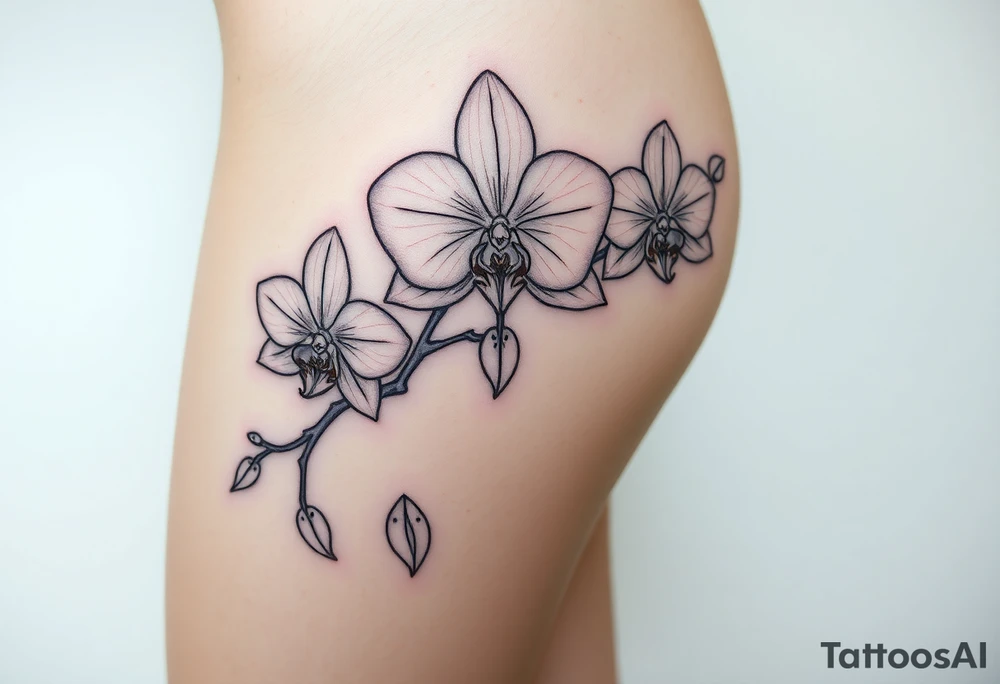 3 delicate fine line orchids realistic with a mix with vagina female and branching tattoo idea