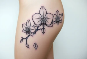 3 delicate fine line orchids realistic with a mix with vagina female and branching tattoo idea
