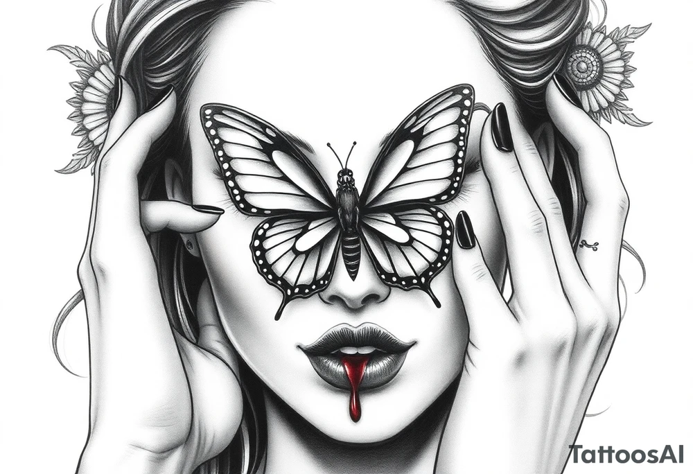 Black and grey realism tattoo design of a beautiful woman's face. And a butterfly landing g on her on the upper bridge of her nose so that the lower wings of the butterfly is covering both her eyes  the butterflys right lower wing is covering her right eye and the lower left of the butterfly wing is covering her left eye  (see no evil), she is bitting on her lip hard to where it is bleeding bright red(speak no evil). Wuth her left hand iver her left ear and her right hard over her right ear ( hear no evil )The style is black and grey realism, hyper-realistic, dark, and evil. Incorporate ninja gear elements and mechanical details (gears) subtly into the background or clothing for a gear ninja evil look. Design for a full forearm sleeve placement tattoo idea
