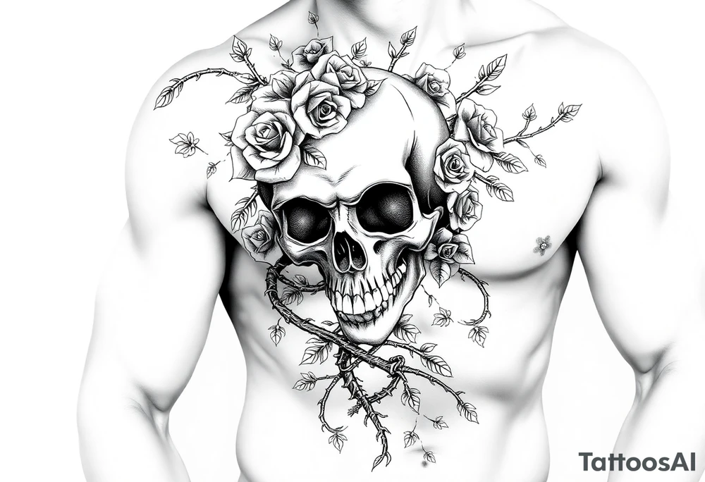 gothic skull intertwined with climbing roses and thorny vines tattoo idea