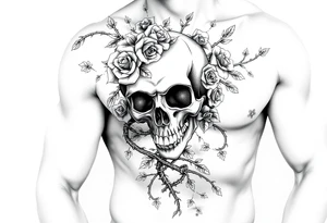 gothic skull intertwined with climbing roses and thorny vines tattoo idea