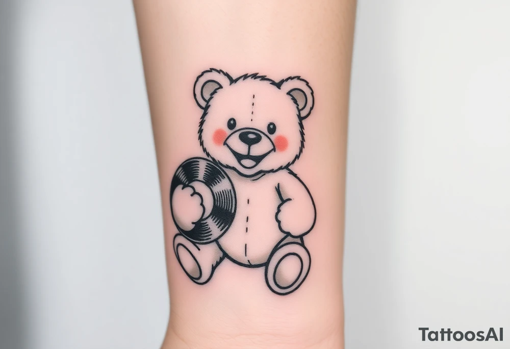 minimalist teddy bear smiling and holding a vinyl record tattoo idea