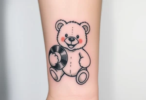 minimalist teddy bear smiling and holding a vinyl record tattoo idea