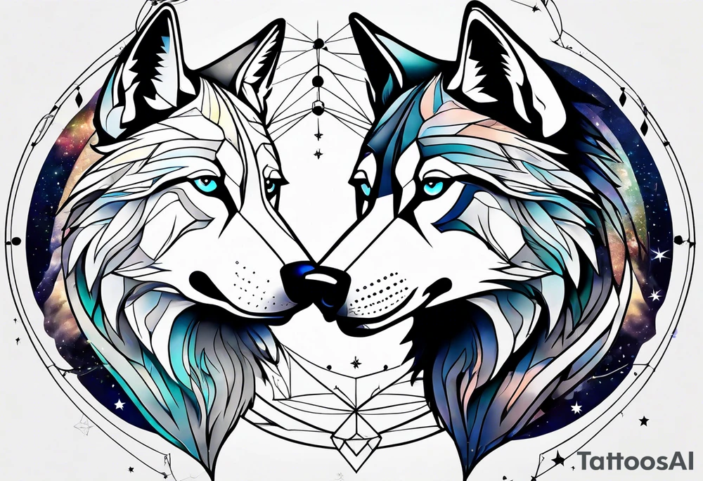 Constellation, two animal wolf, géométric tattoo idea