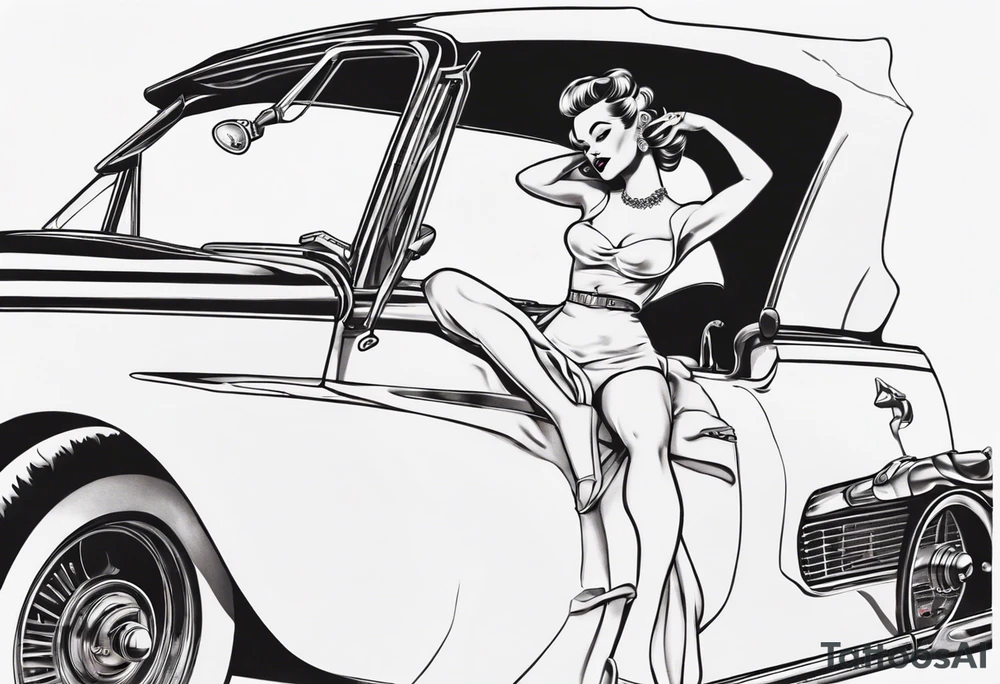 pinup doll on the hood of a classic vintage car tattoo idea