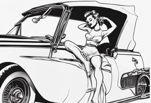 pinup doll on the hood of a classic vintage car tattoo idea