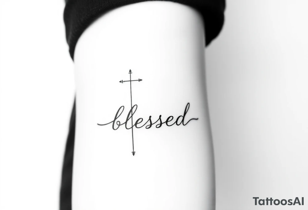 I need a fine line tattoo that has the word “blessed” going vertical and on the left side a cross and on the right side a music note tattoo idea