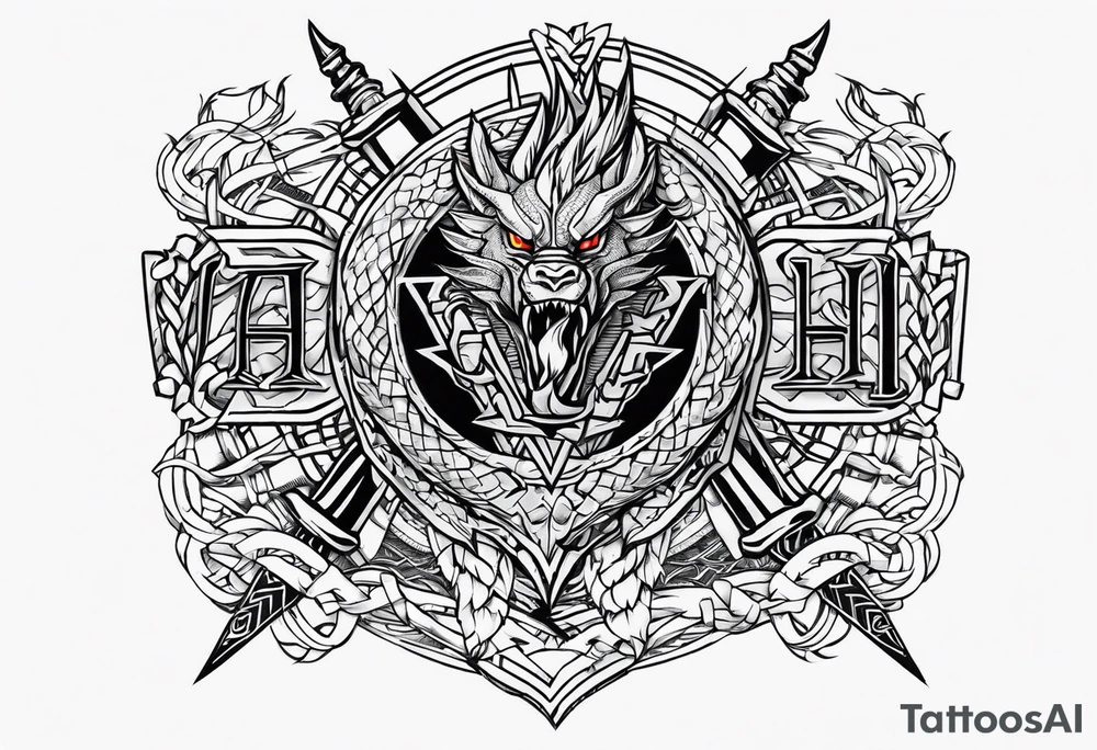 Valhalla sword shield dragon axe Valknut barbed wire chains fire tattoo idea Valhalla sword shield dragon axe Valknut barbed wire chains fire tattoo idea