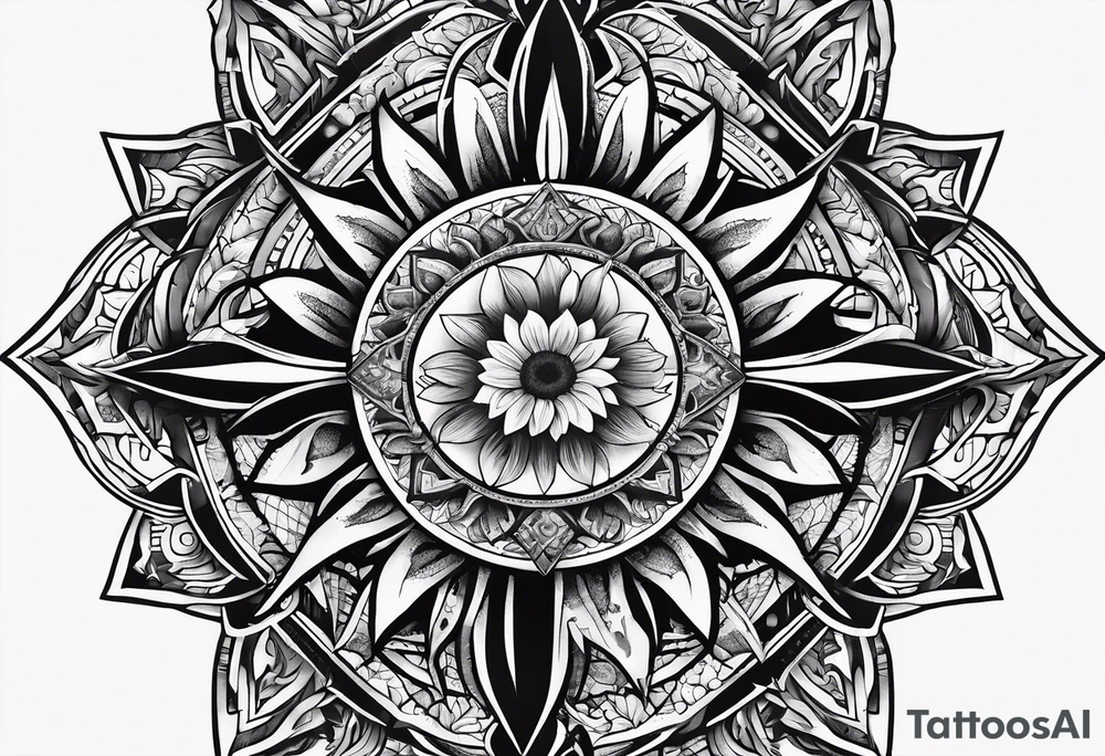 A central cross with the names Kyle Peter Lori on it with lighting a motorcycle and a sunflower around it tattoo idea